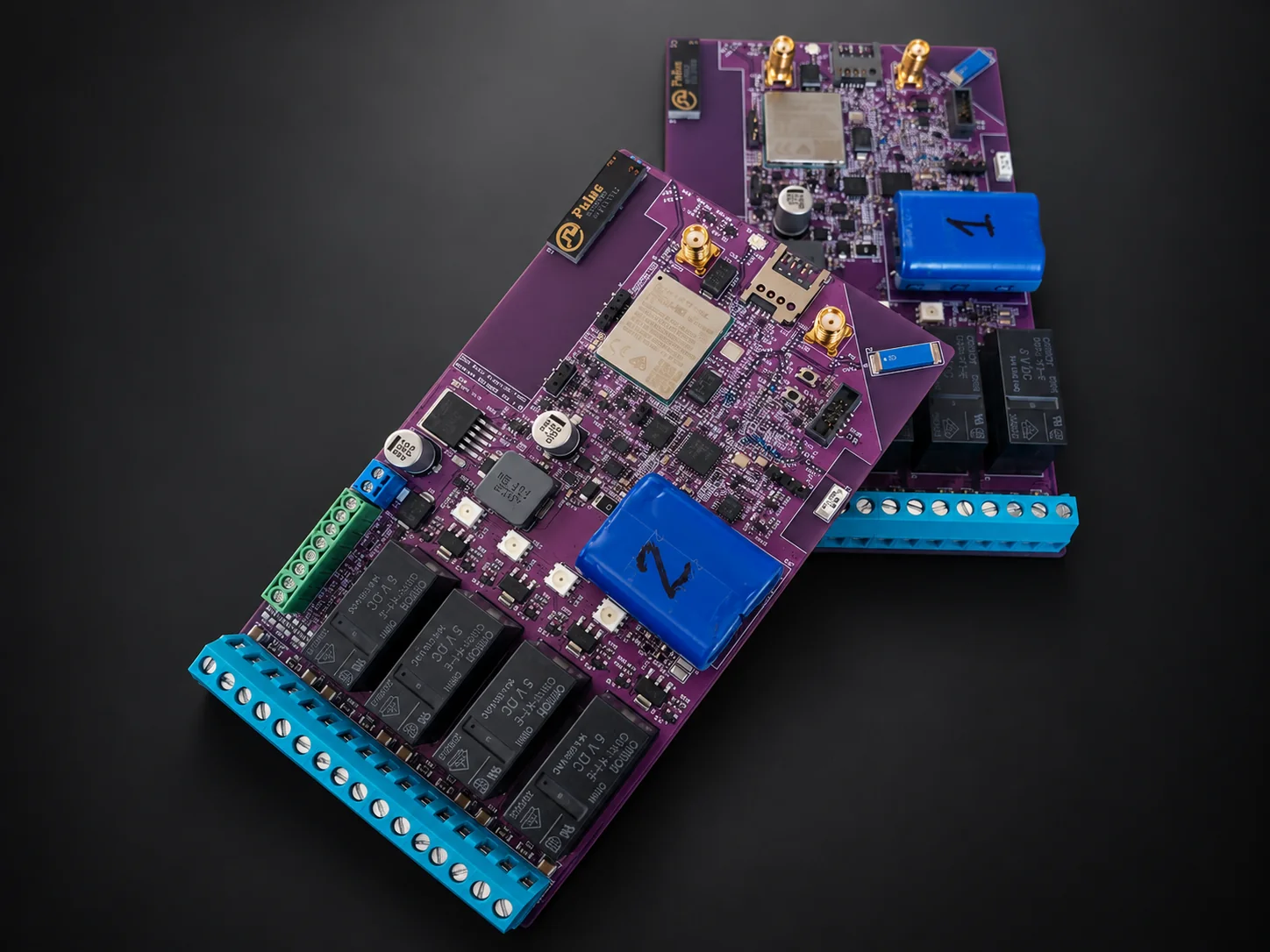 LTE remote automation controller PCBs with relay outputs and terminal blocks